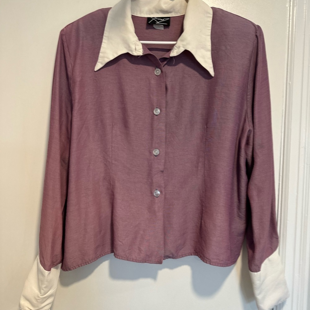 VTG Xtrmz blouse Sz18 boxy cropped purple Shimmer Button Up White Collar & Cuffs